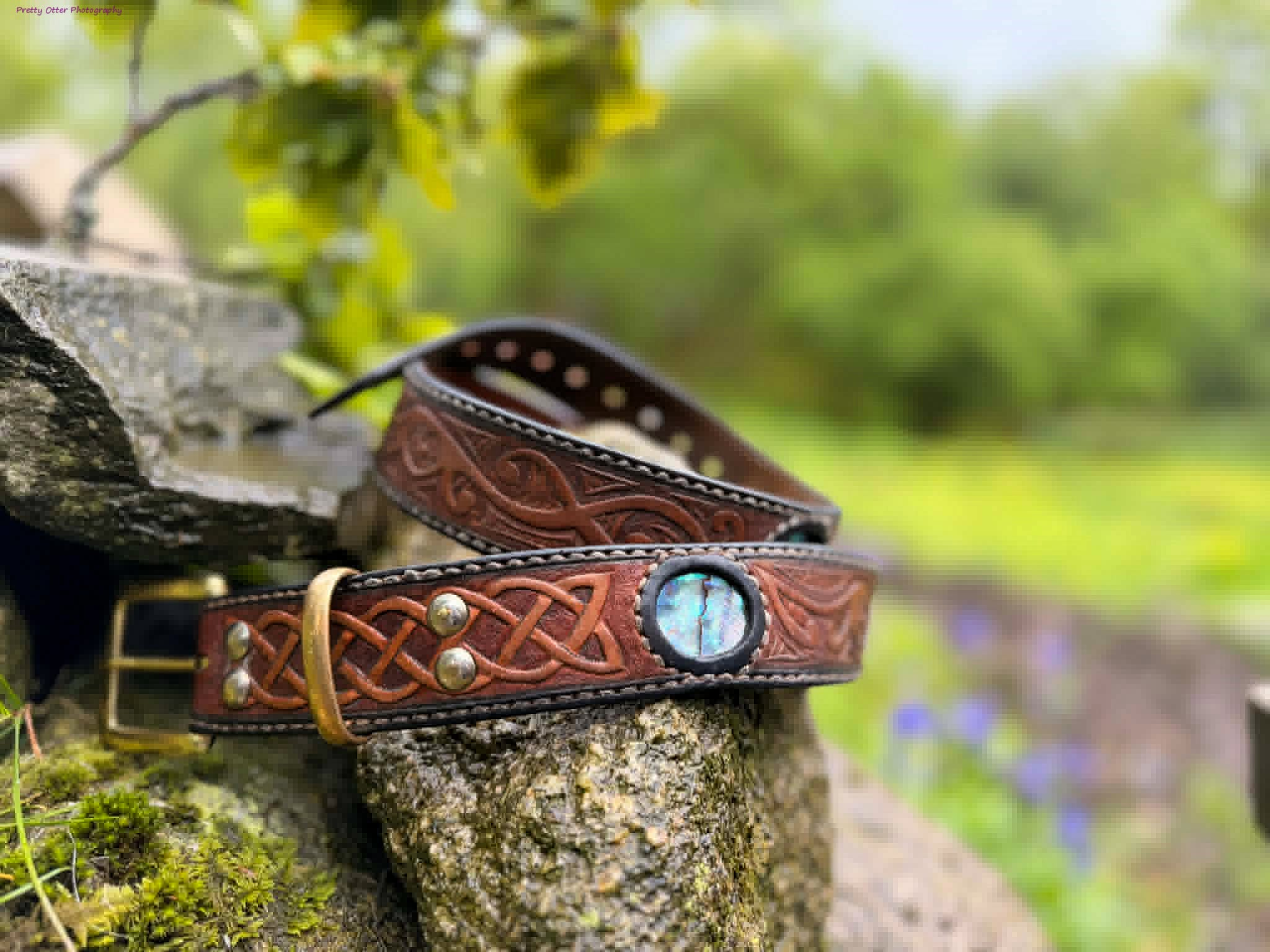 Celtic knotwork leather belt with labradorite stone